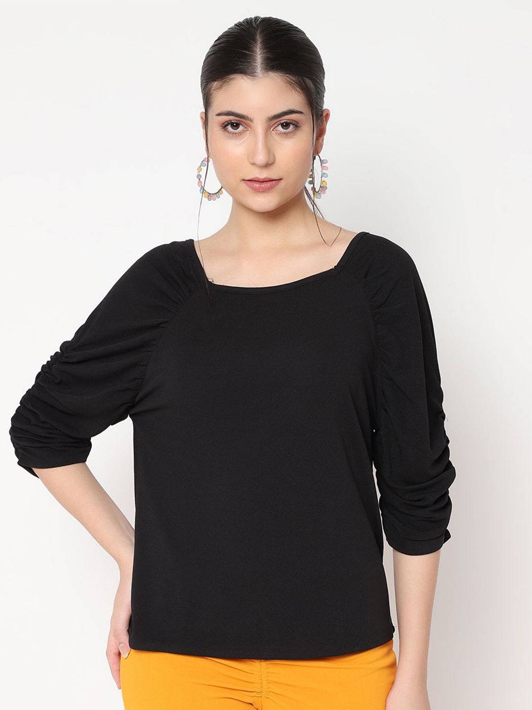 

AVANOVA Extended Sleeves Sheen Sheer Boxy Top, Black