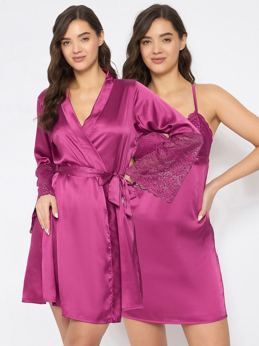 

Clovia Women Satin & Lace Nightdress With Robe, Pink