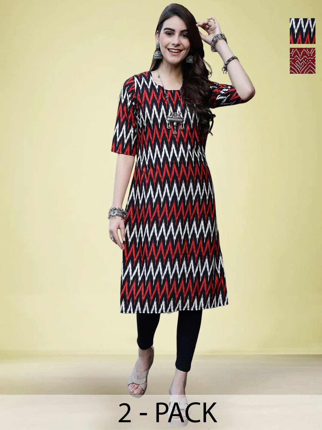 

Moda Rapido Selection Of 2 Chevron Printed Round Neck Straight Kurtas, Black