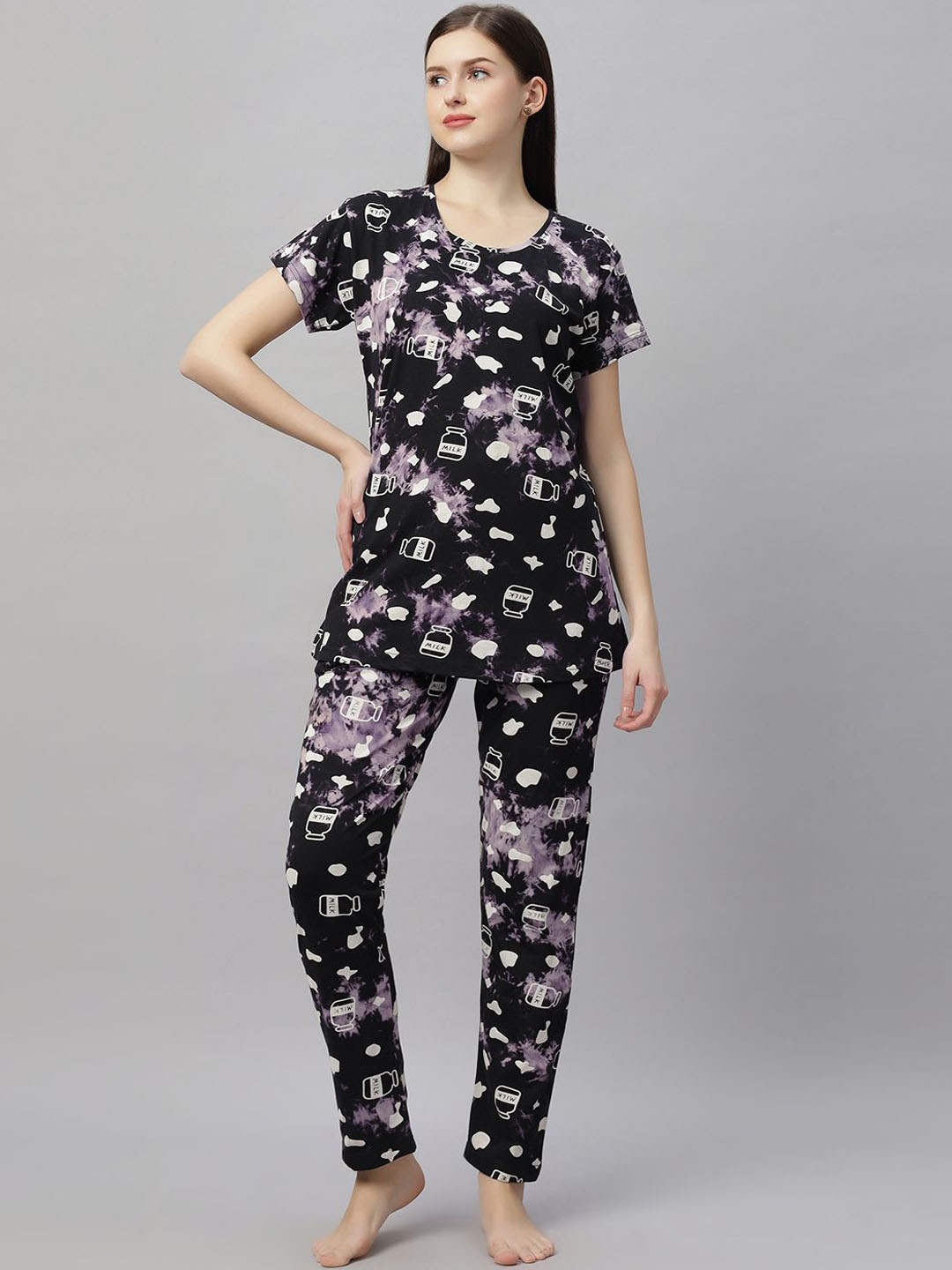 

DZZO Women Printed Pure Cotton Top and Pyjama Night Suit, Black
