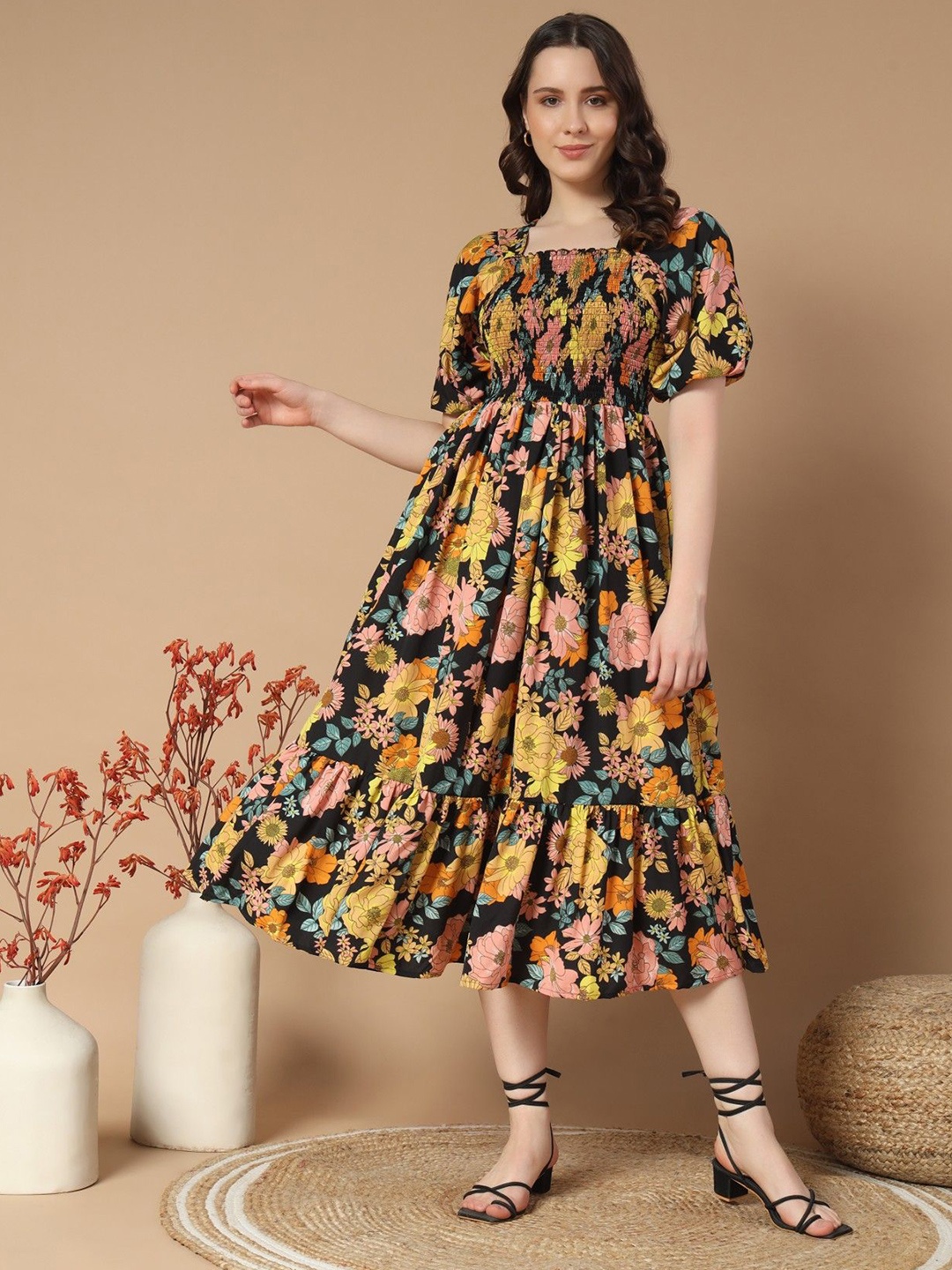 

Vastani Enterprise Women Printed Smocked Puff Sleeve Midi Fit & Flare Dress, Yellow