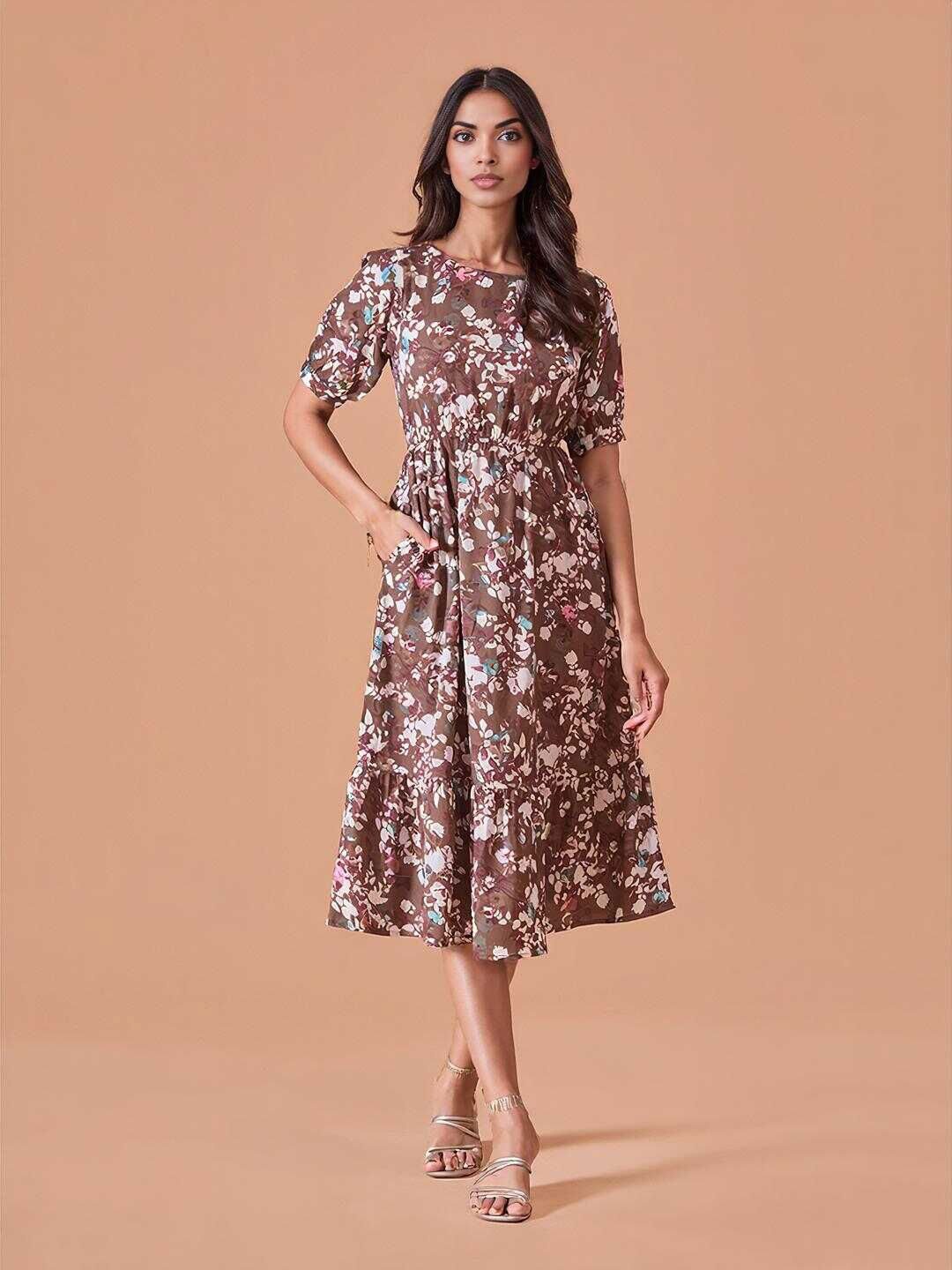 

DressBerry Women Floral Printed Cotton Fit & Flare Midi Dress, Brown