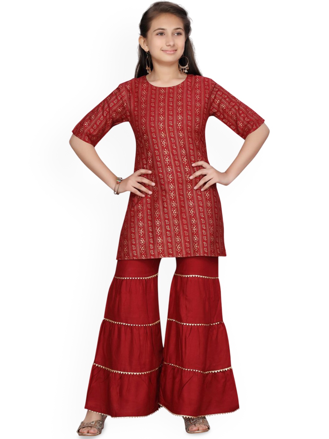 

BAESD Girls Ethnic Motifs Printed Round Neck Pure Cotton Kurta With Sharara, Maroon