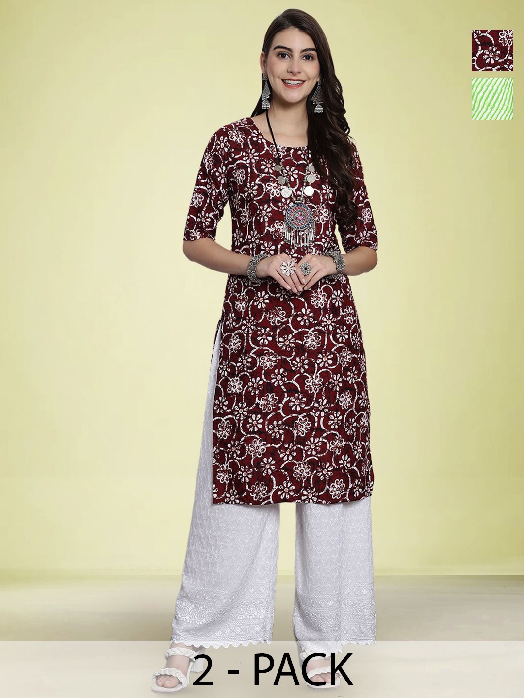 

Moda Rapido Selection Of 2 Floral Printed Round Neck Straight Kurtas, Red