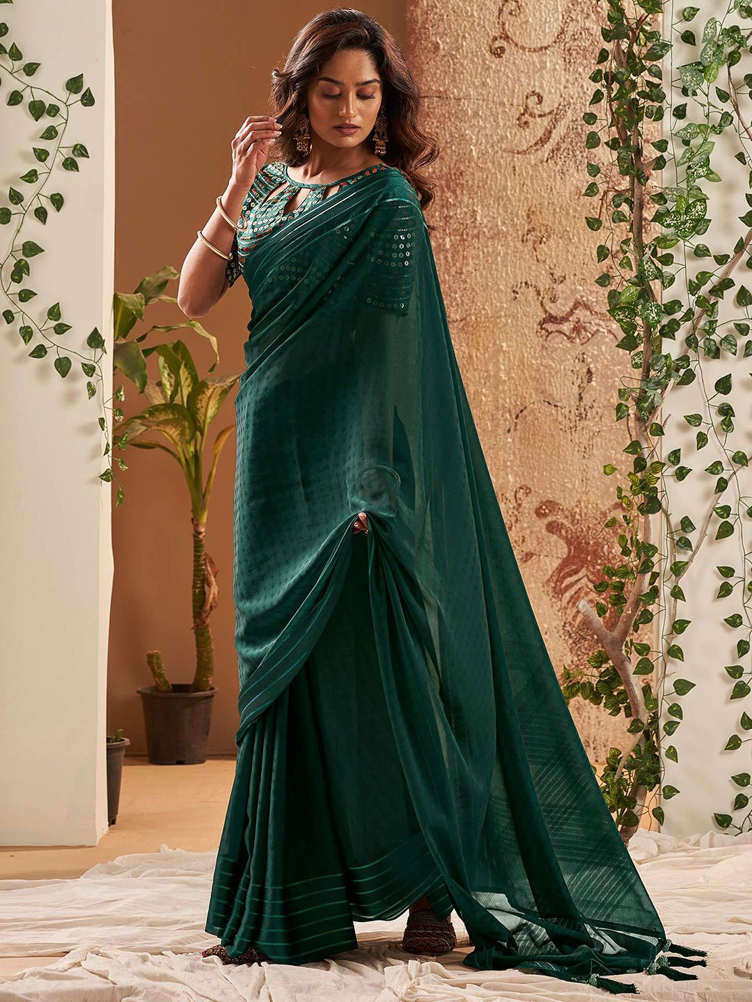 

Peachmode Woven Design Zari Pure Georgette Saree, Green