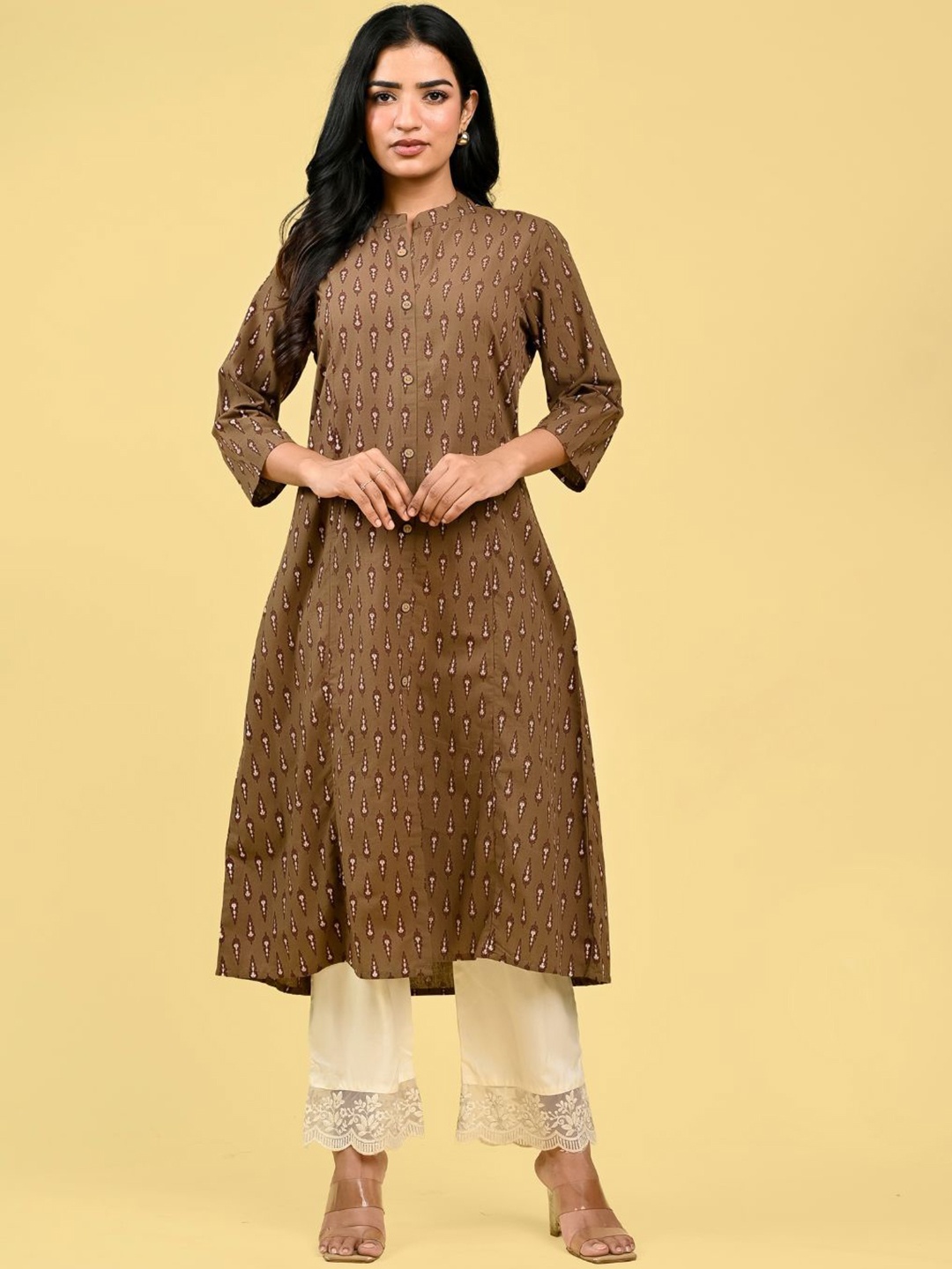 

RAAKA Ethnic Motifs Printed Mandarin Collar Cotton A-Line Kurta, Brown