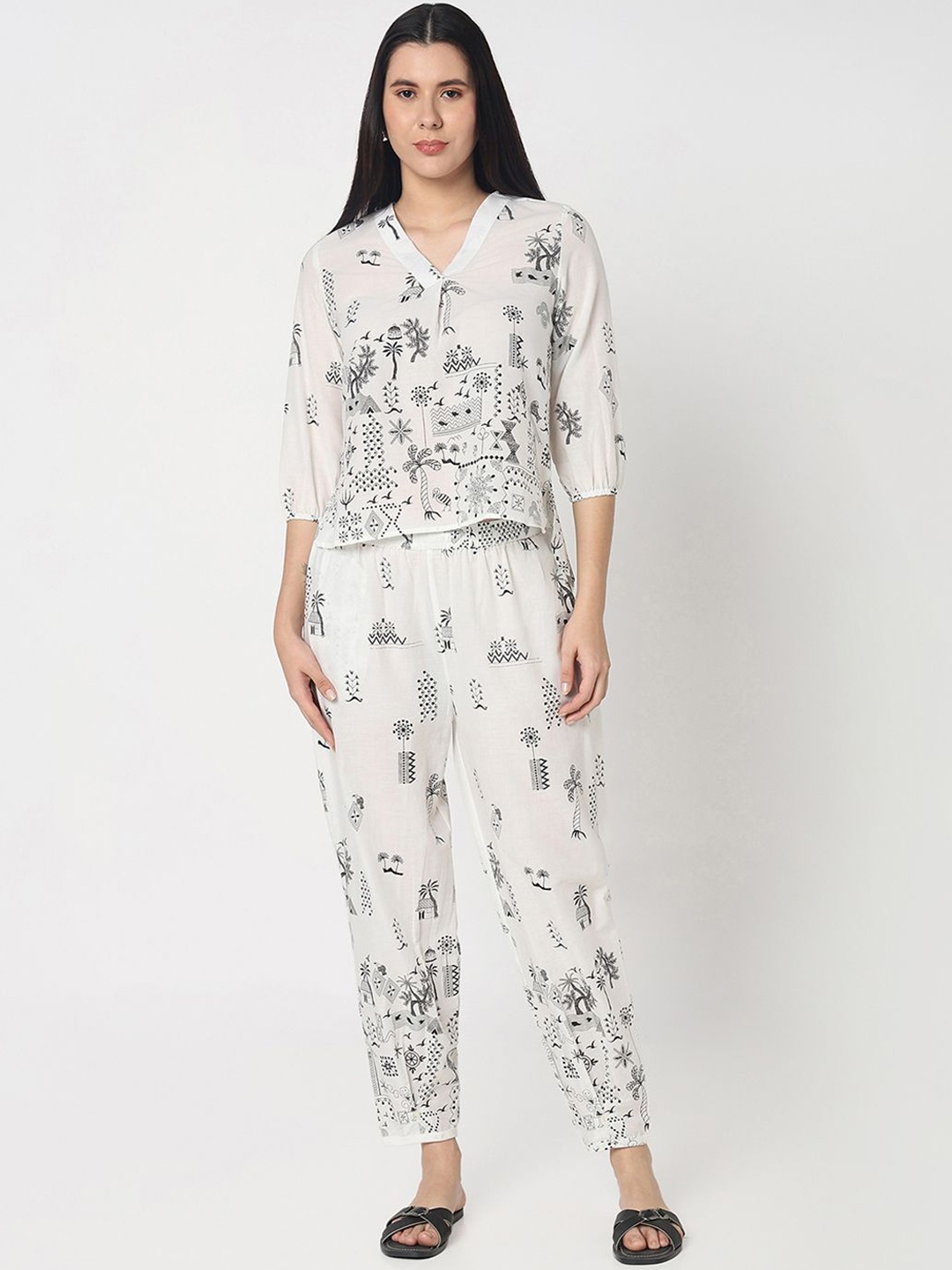 

R&B Printed Cotton Top With Trouser Co-Ords, White