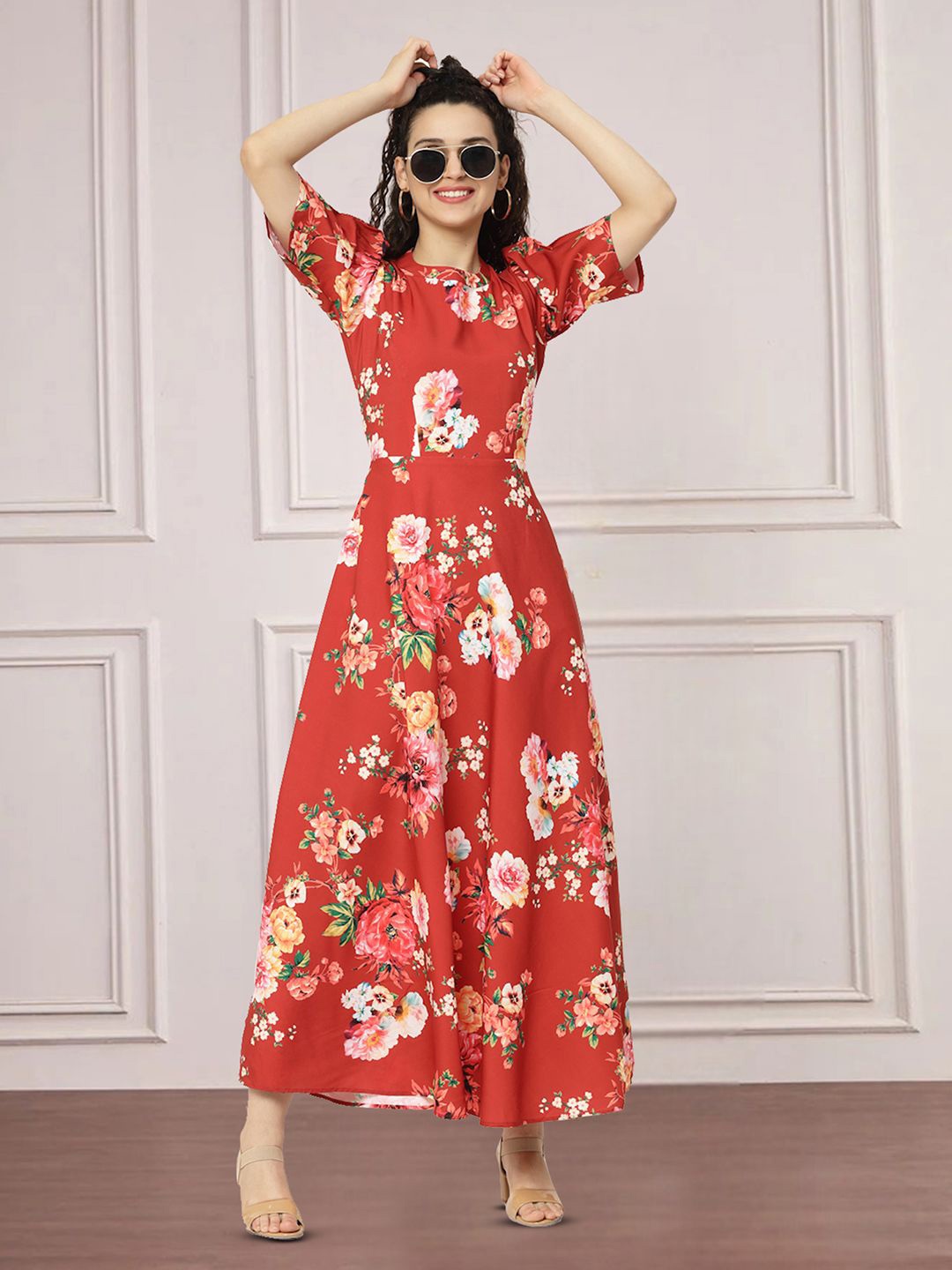 

MISS AYSE Floral Print Applique Fit & Flare Dress, Red