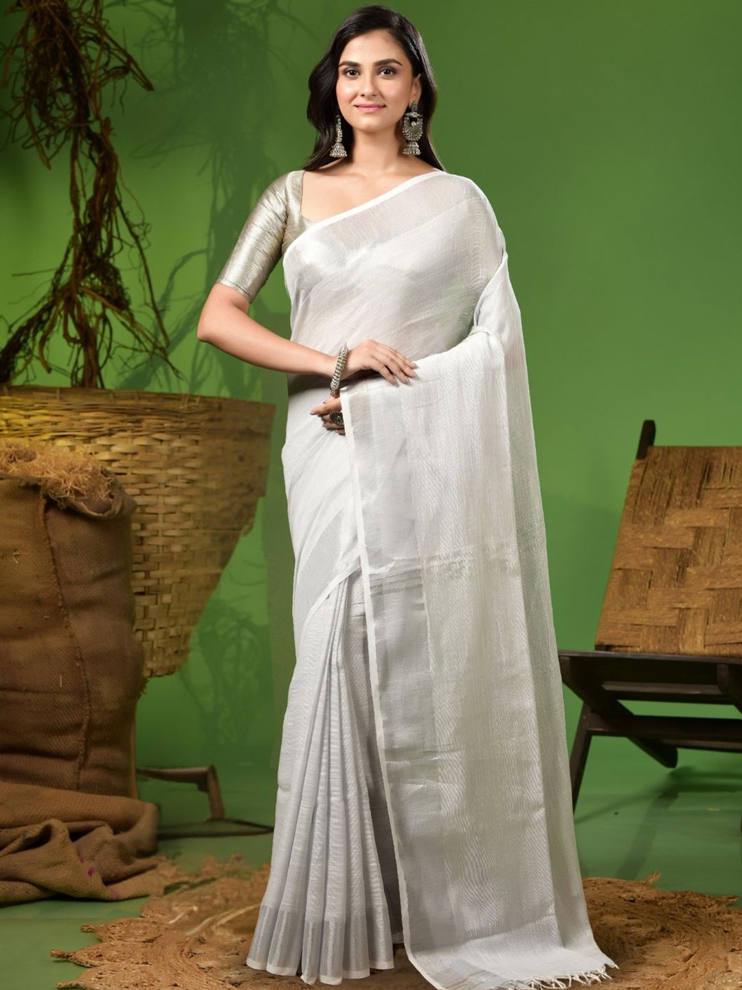 

T.J. SAREES Zari Linen Blend Saree, White