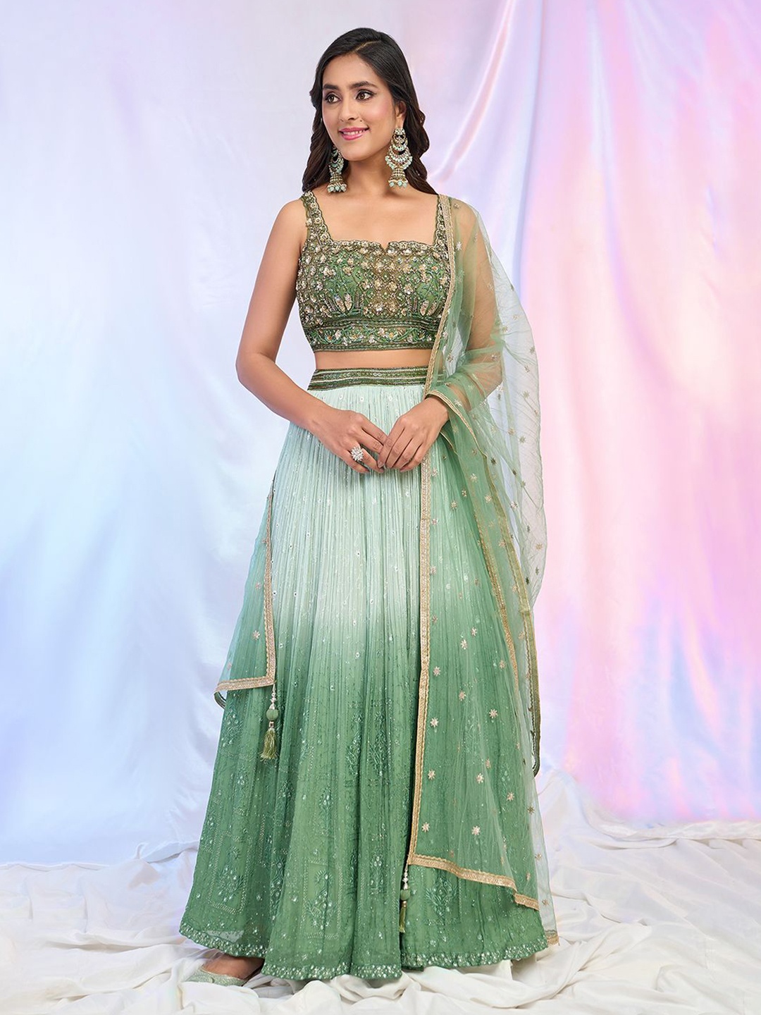 

Alaya Advani Embroidered Beads and Stones Ready to Wear Lehenga & Blouse With Dupatta, Green