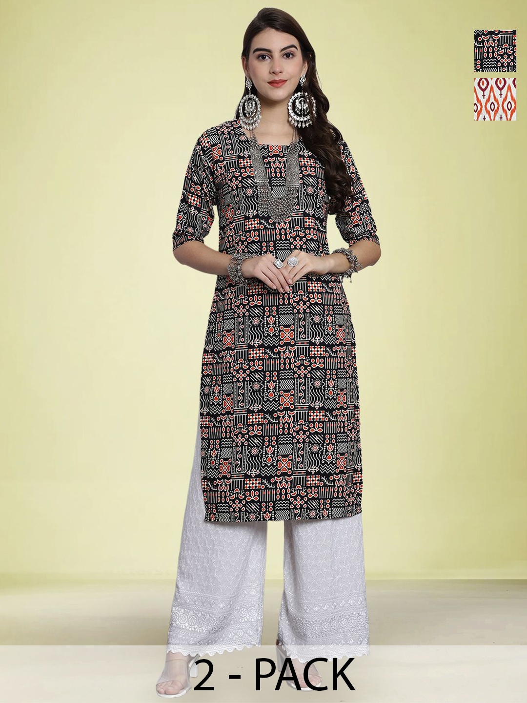 

Moda Rapido Selection Of 2 Ethnic Motifs Printed Round Neck Straight Kurtas, Black
