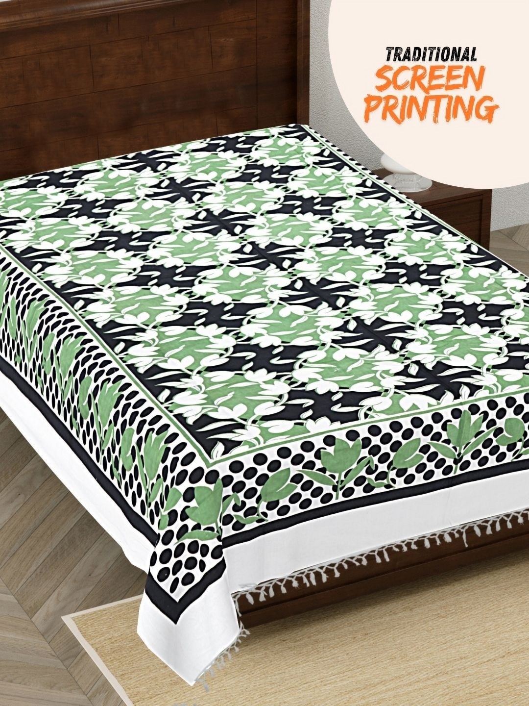 

HASHCART White & Green Floral Printed 210 TC Single Bedsheet 2.3 m x 1.52 m