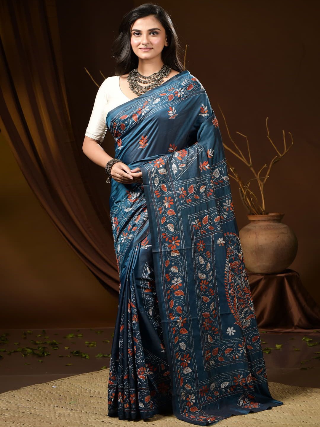 

T.J. SAREES Floral Embroidered Kantha Work Saree, Blue