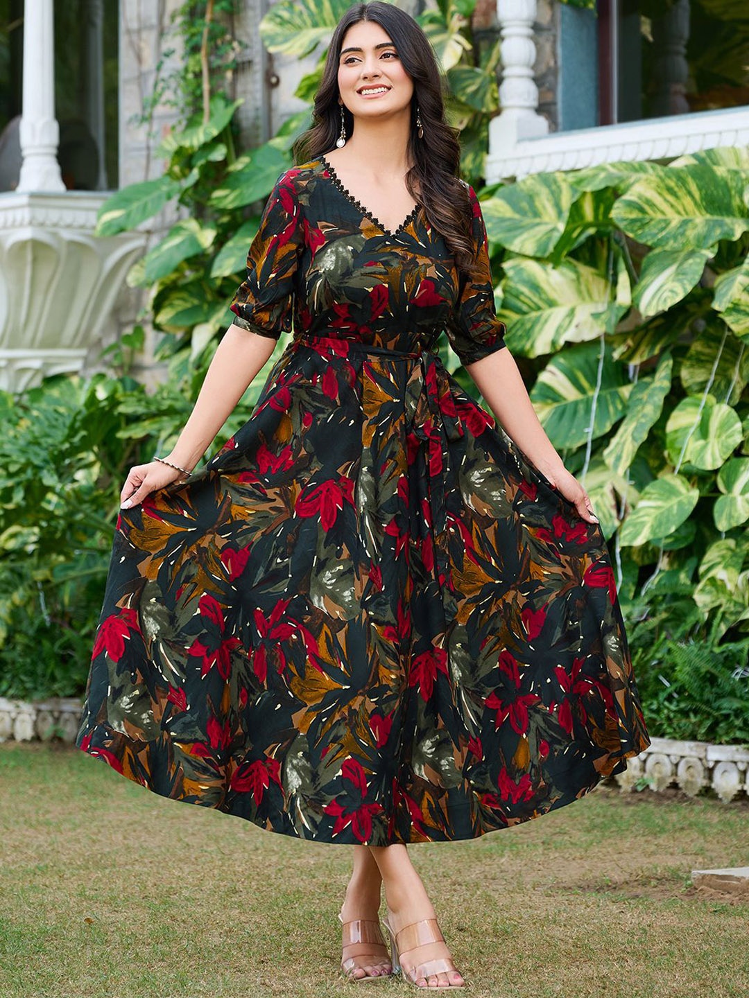 

VIBE VISION Floral Printed V-Neck Tie-Up Puff Sleeves Gathered Fit And Flare Dress, Black