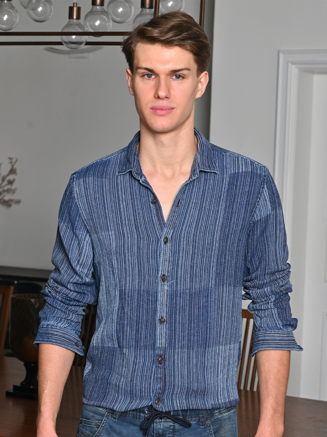 

POE Men Freddie - Indigo Patchwork Shirt - Navy, Navy blue