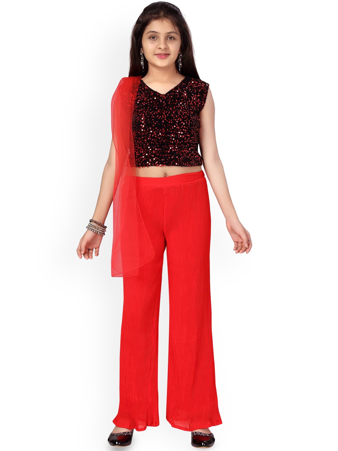 

BAESD Girls Sequinned Embellished Pure Silk Crop Top With Trousers & Dupatta, Red