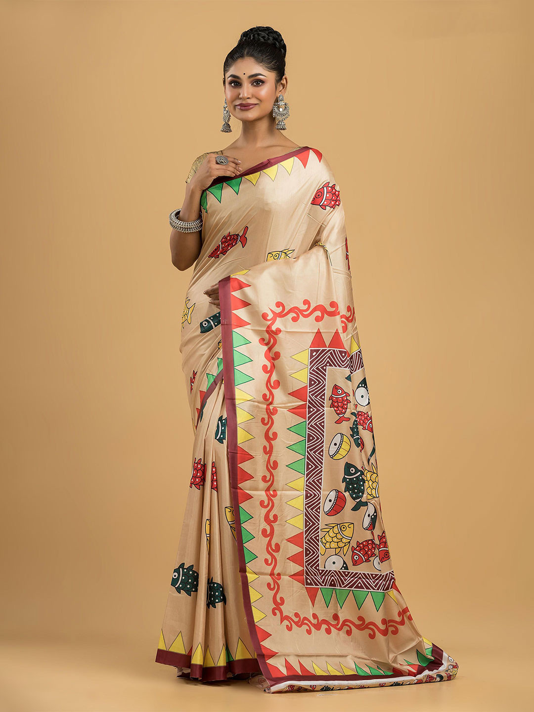

Dheu Ethnic Motifs Block Print Saree, Beige