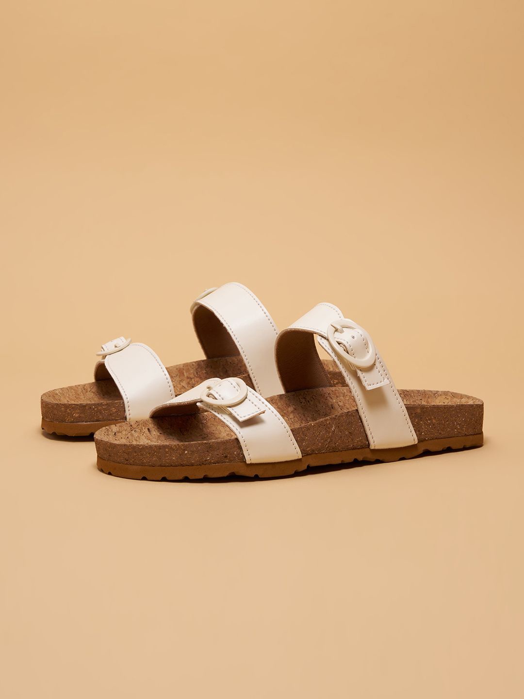 

ERIDANI Women Open Toe Flats with Buckles, White