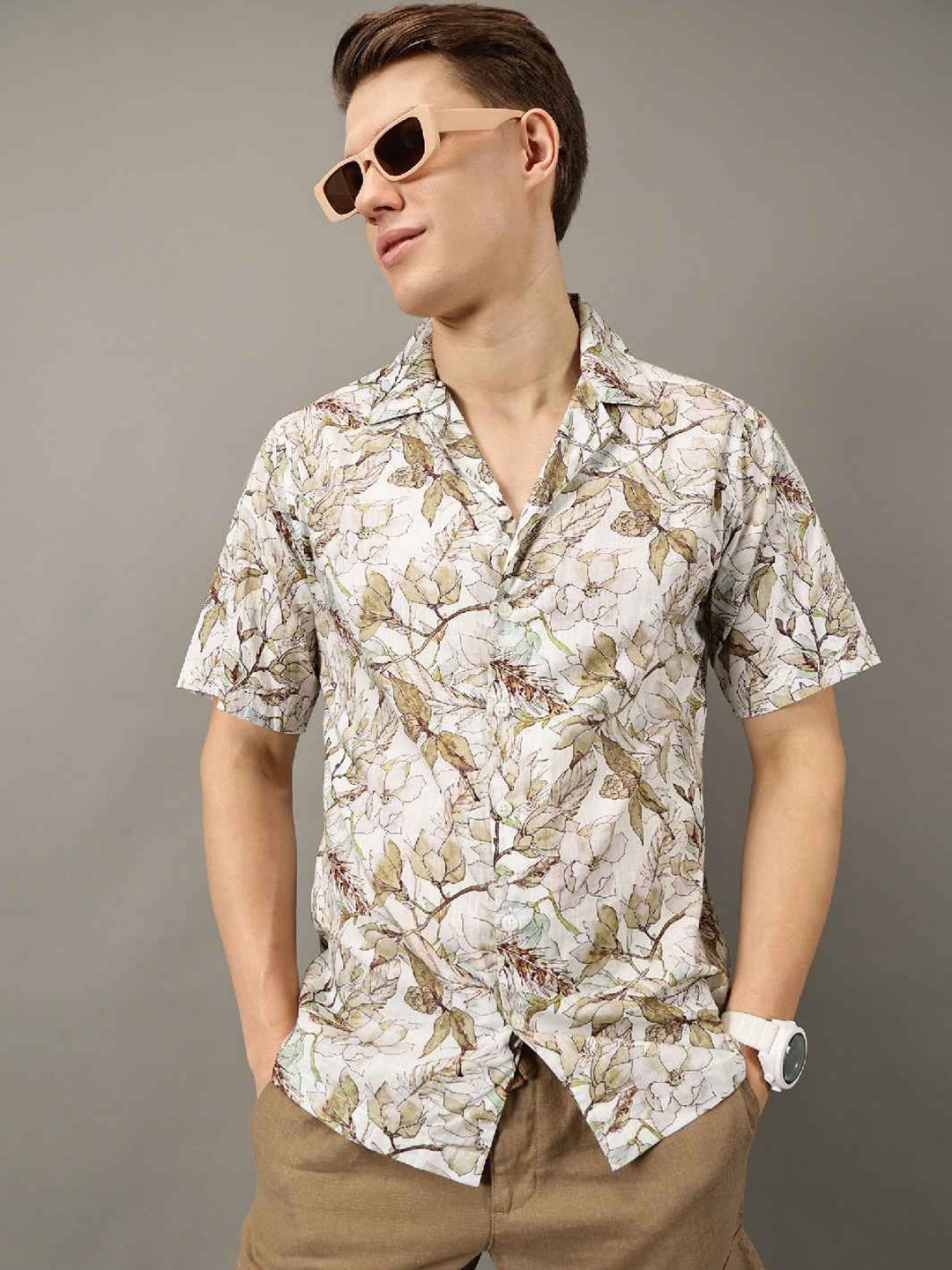 

Jilmil Men Classic Floral Opaque Printed Casual Shirt, Beige