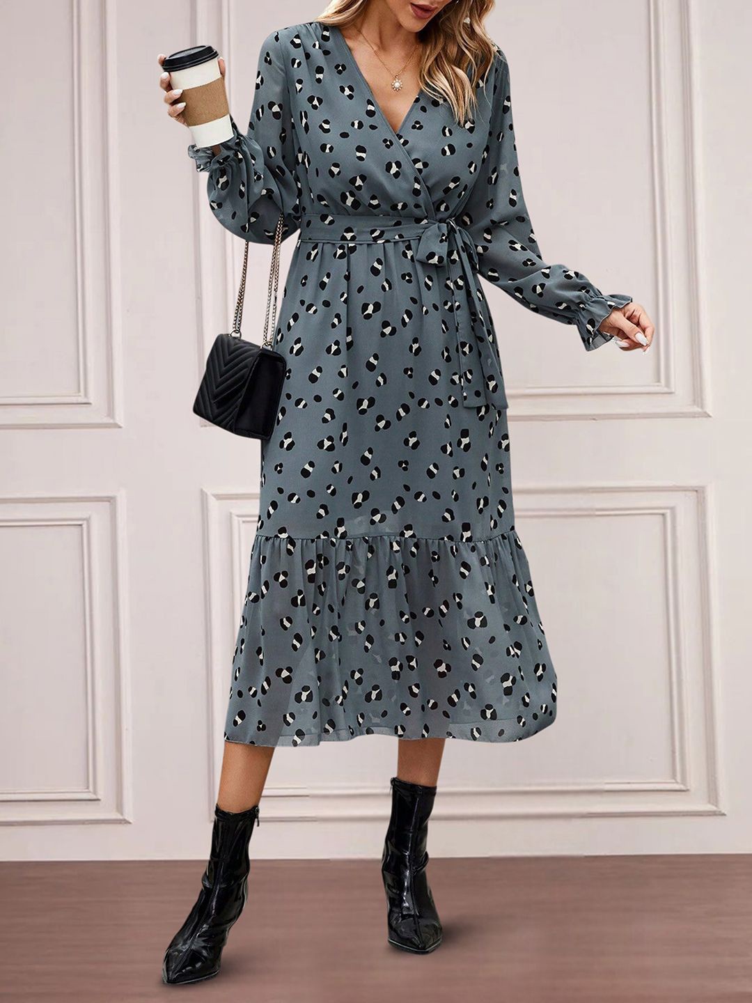 

MISS AYSE Women Floral Printed Applique Wrap Dress, Teal
