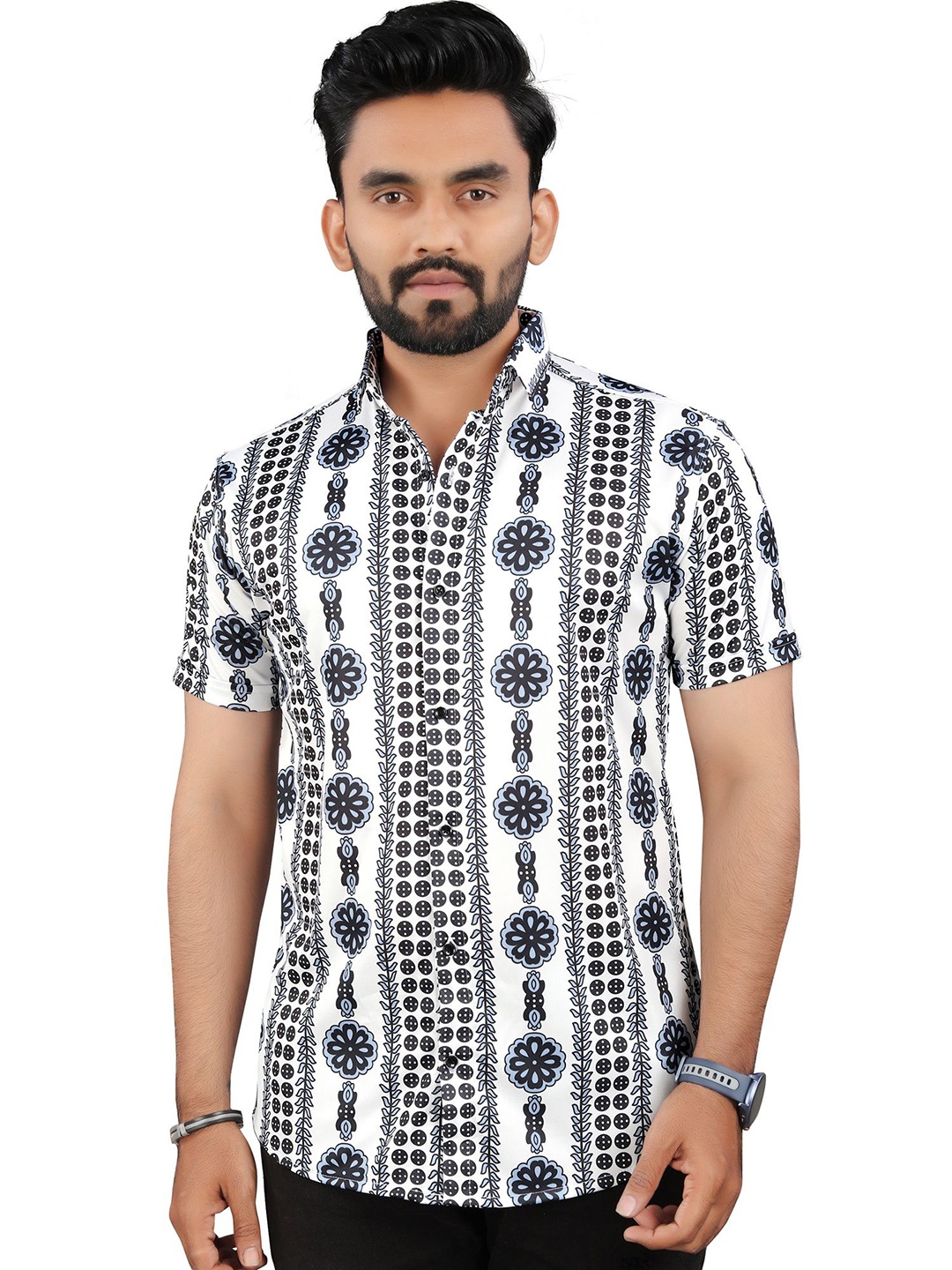 

Fashion FRICKS Men Classic Floral Opaque Printed Casual Shirt, White