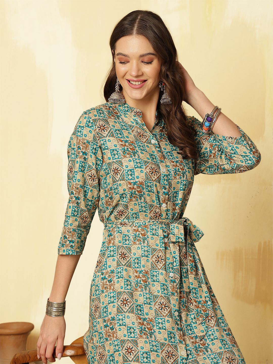 

Anouk Women Ethnic Motifs Printed Shirt Knee Length Dress, Blue