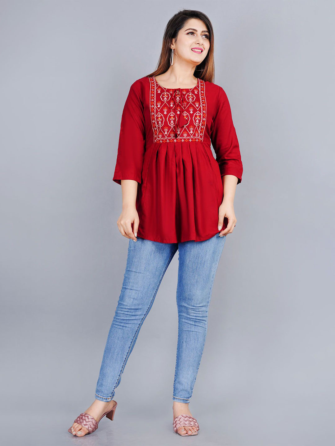 

L.H HANDICRAFTS Women Tie-Up Neck Embroidered A-Line Top, Red