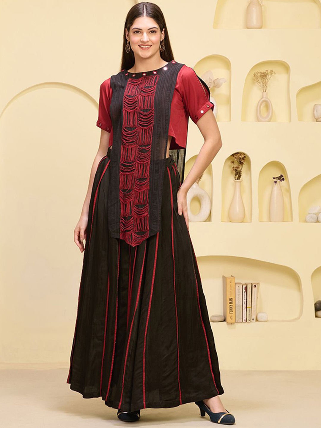 

First Resort by Ramola Bachchan Hand Embroidered Boat Neck Asymmetric Top With Skirt, Black