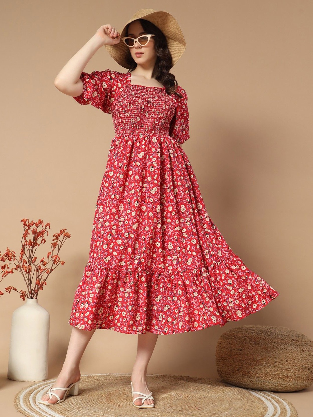 

Vastani Enterprise Printed Puff Sleeve Fit & Flare Dress, Peach