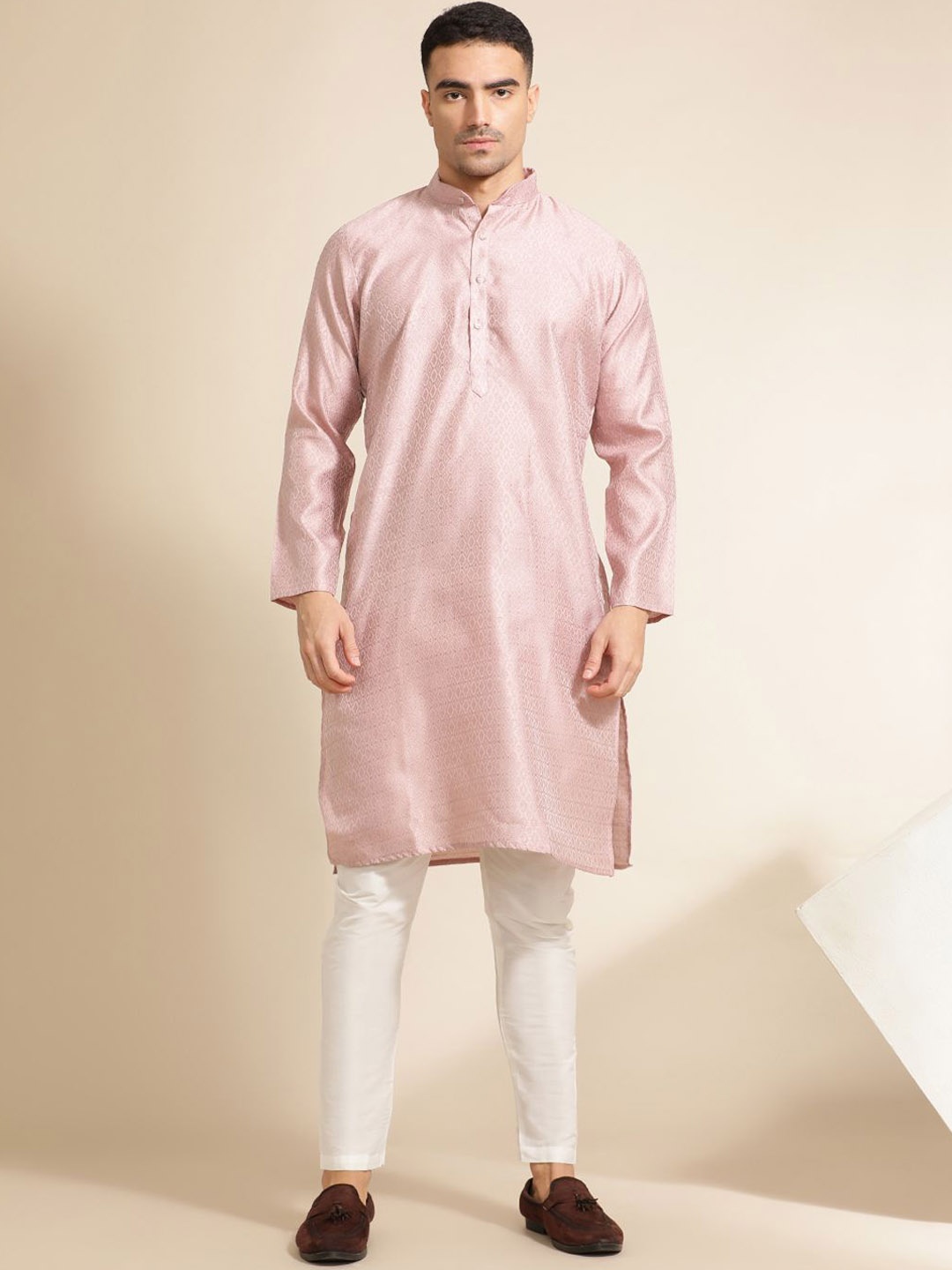 

Jaipur Kurti Geometric Woven Design Band Collar Straight Kurta With Pyjama & Nehru Jacket, Pink