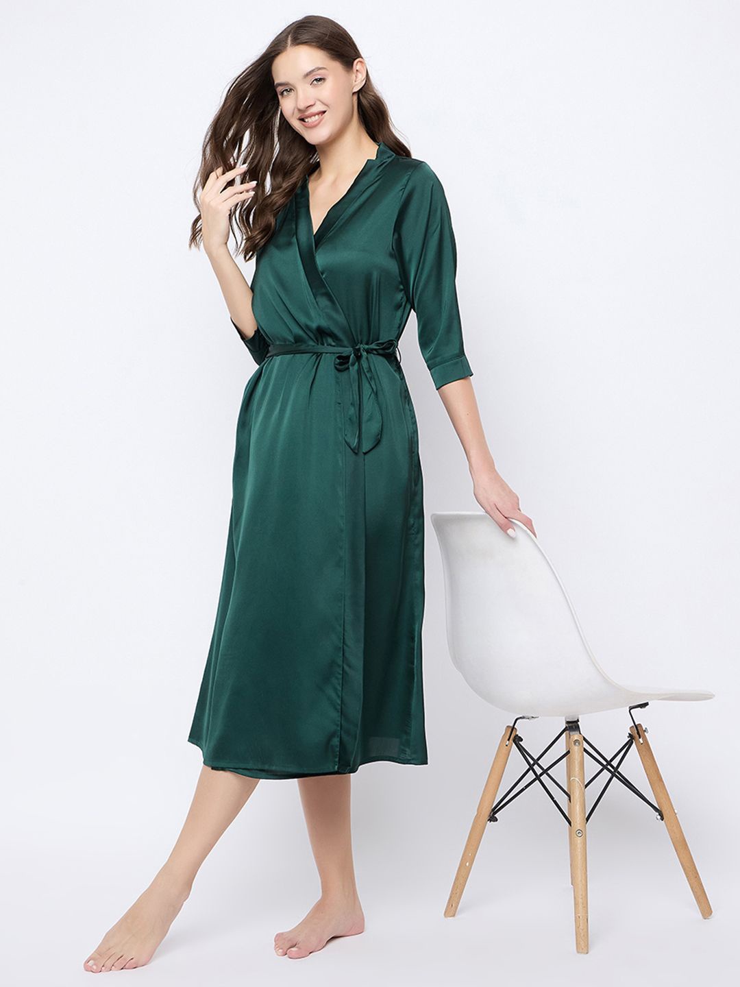 

Clovia Women Satin Long Robe, Green