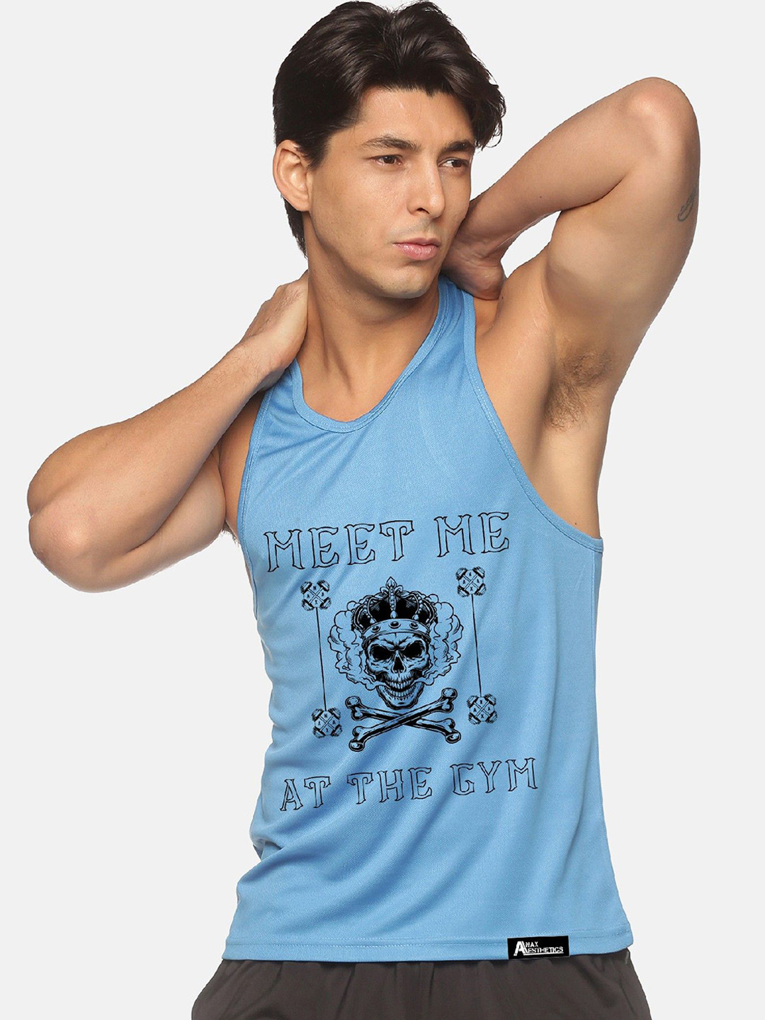 

Anax Aesthetics Men Polyester Dri-Fit Printed Sleeveless Sando Gym Vest Stringer Tank Top, Blue