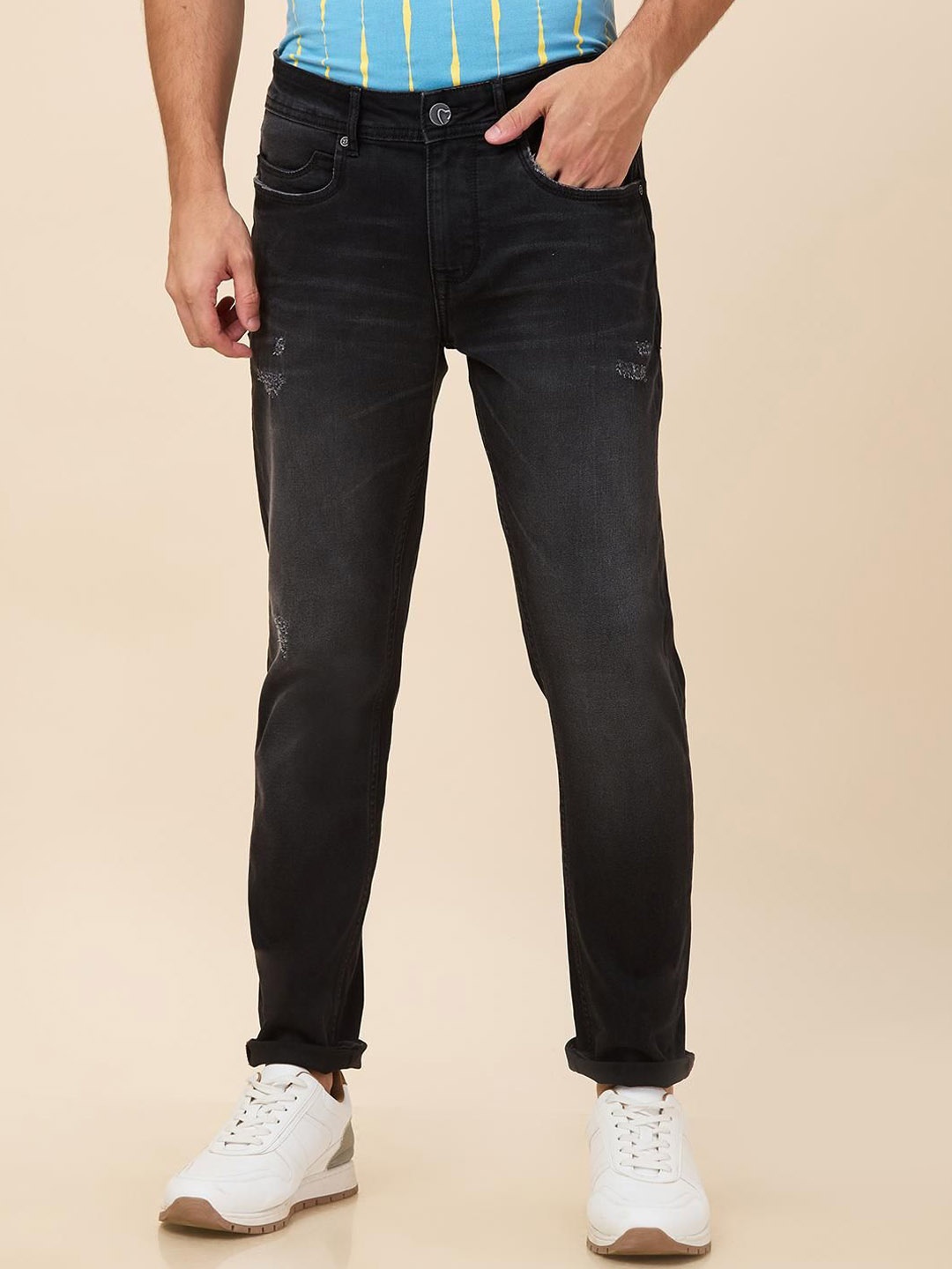 

Being Human Men Classic Slim Fit Low Distress Light Fade Stretchable Jeans, Black
