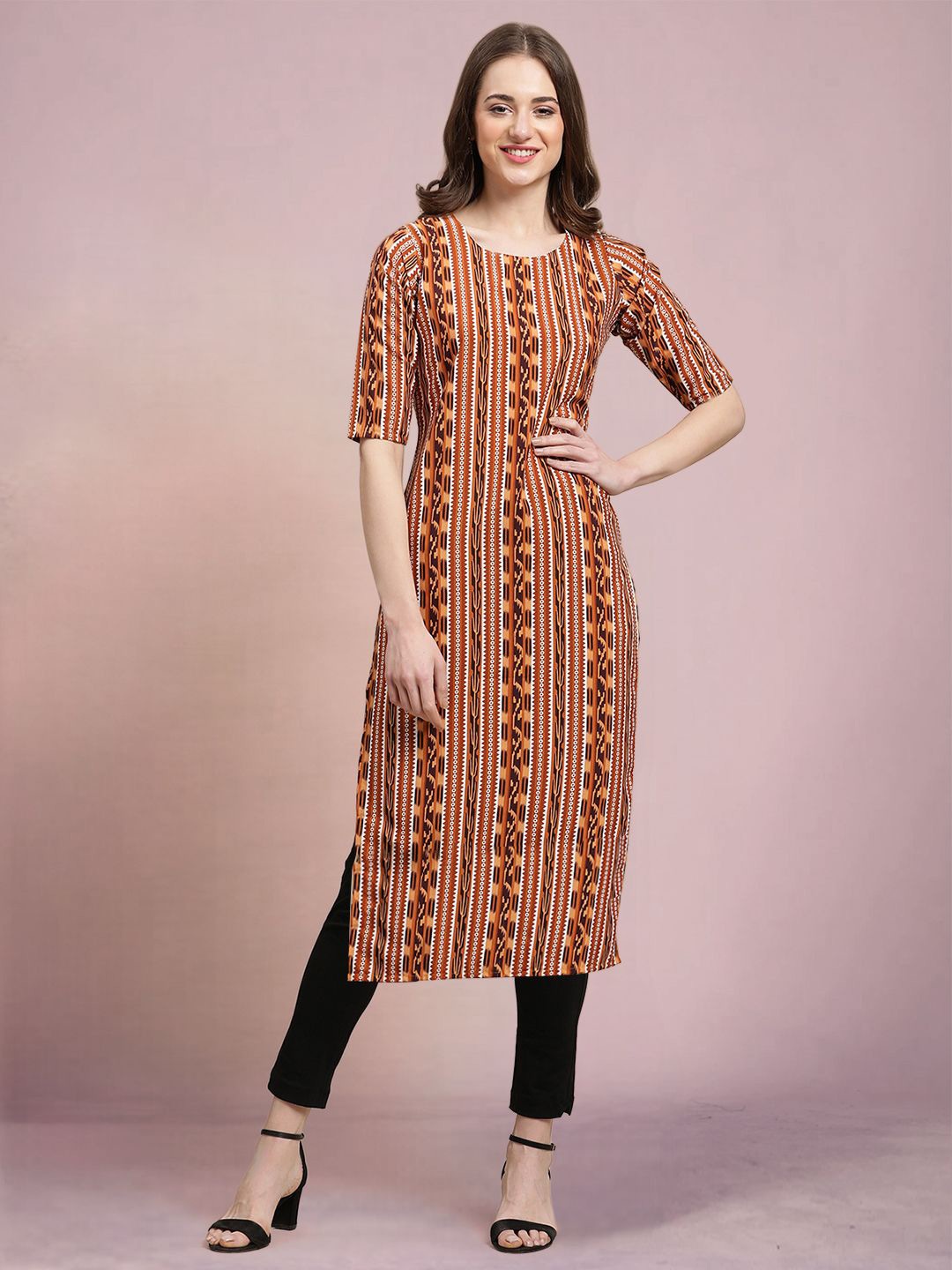 

Moda Rapido Ethnic Motifs Printed Round Neck Straight Kurtas, Brown