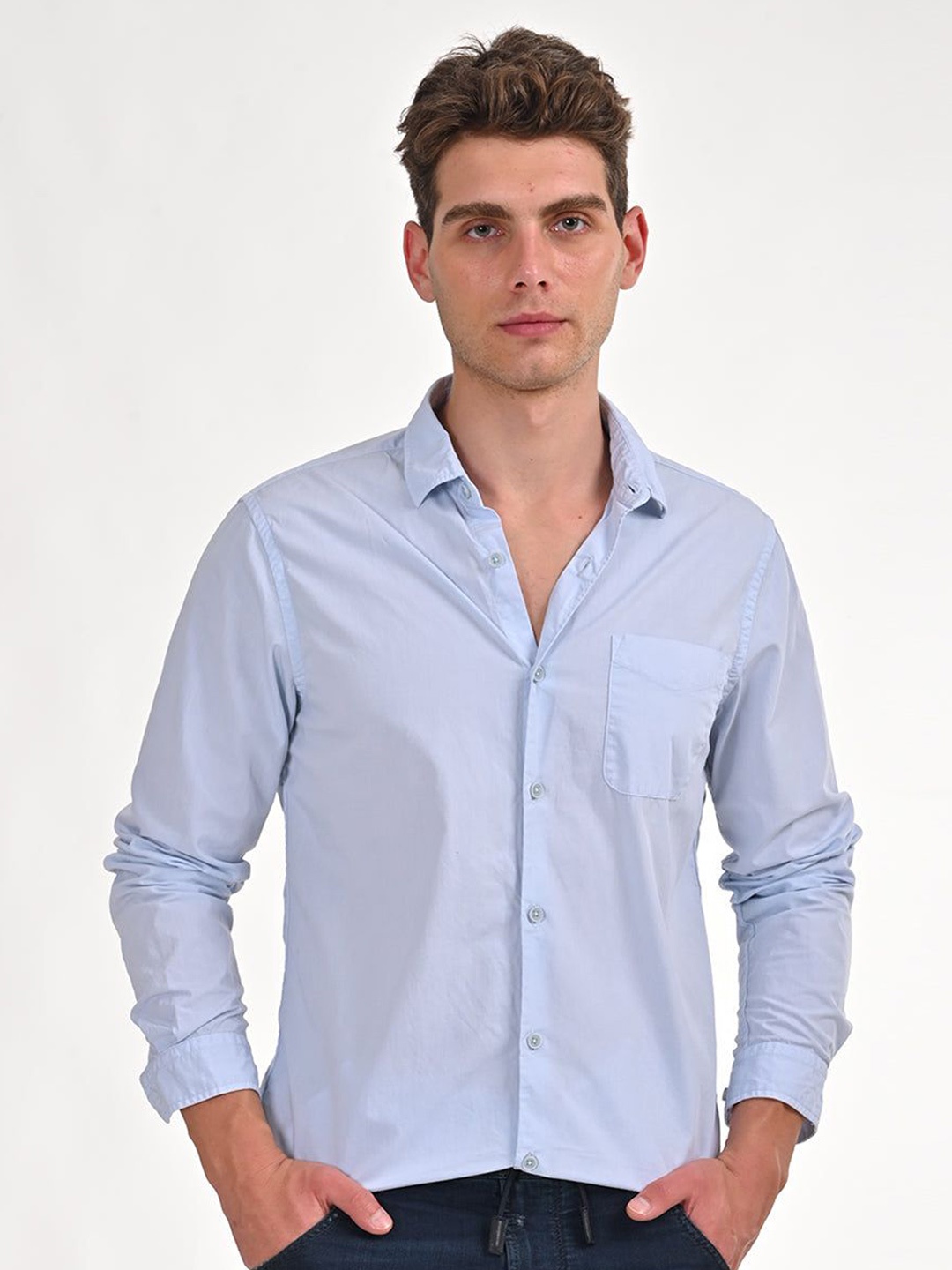 

POE Men Frank - Cotton Solid Shirt - Sky, Blue