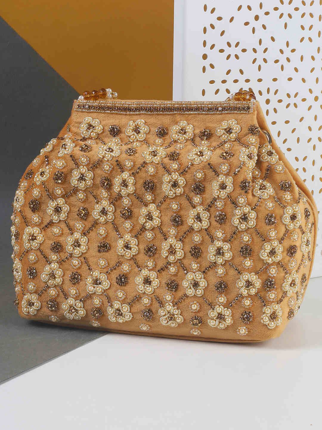 

Mochi Embellished Suede Oversized Structured Handheld Bag, Gold