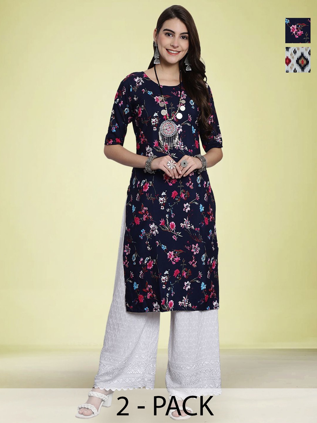 

Moda Rapido Pack Of 2 Printed Round Neck Straight Kurta, Cream