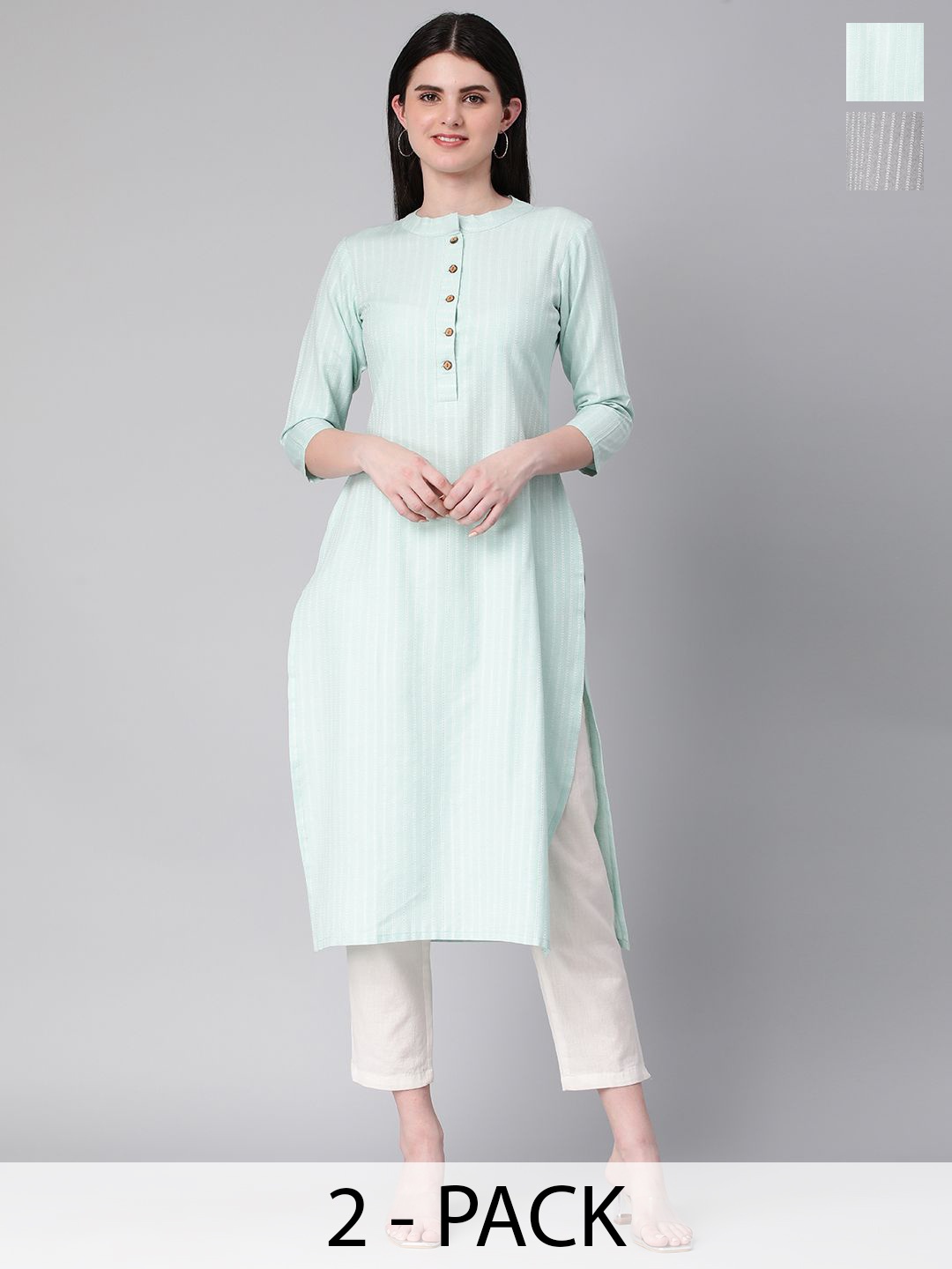 

KALINI Selection Of 2 Striped Band Collar Straight Kurtas, Grey