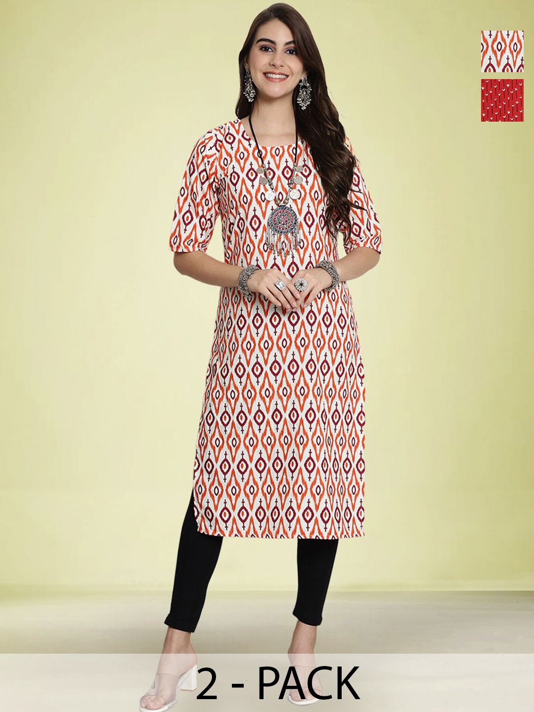 

Moda Rapido Women Pack Of 2 Ethnic Motifs Printed Round Neck Kurta, White