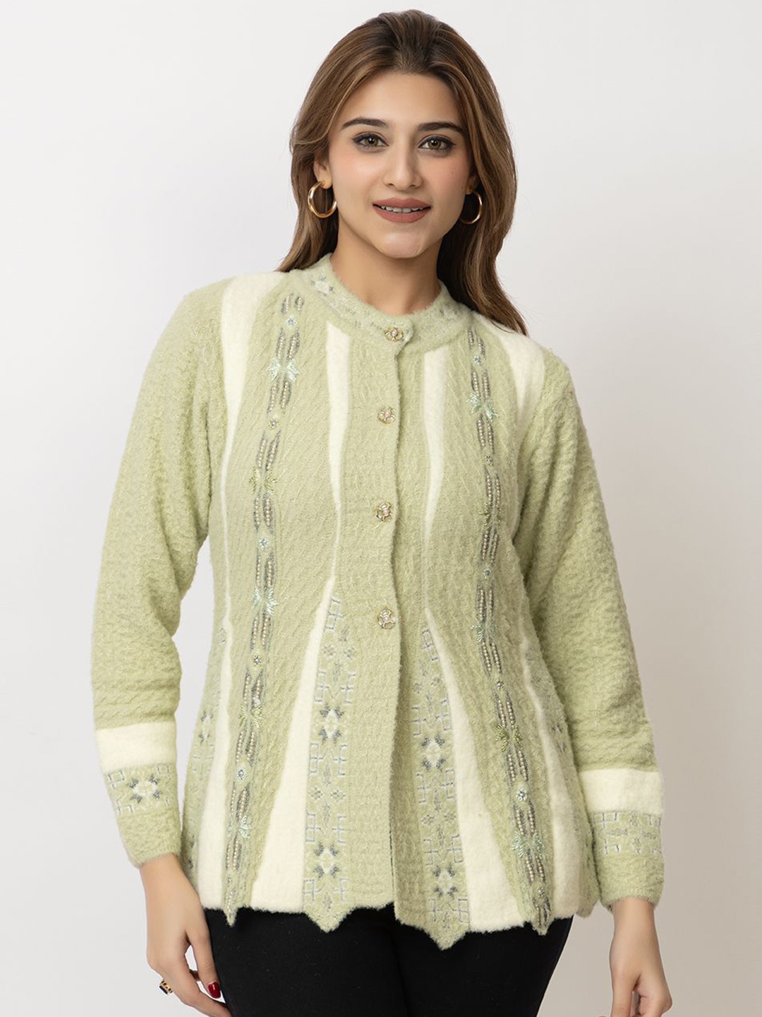 

Lady Leaf Women Self Design Cardigan, Lime green