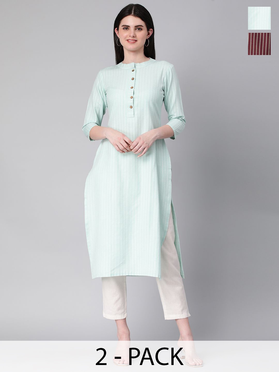 

KALINI Selection Of 2 Striped Mandarin Collar Straight Kurtas, Green