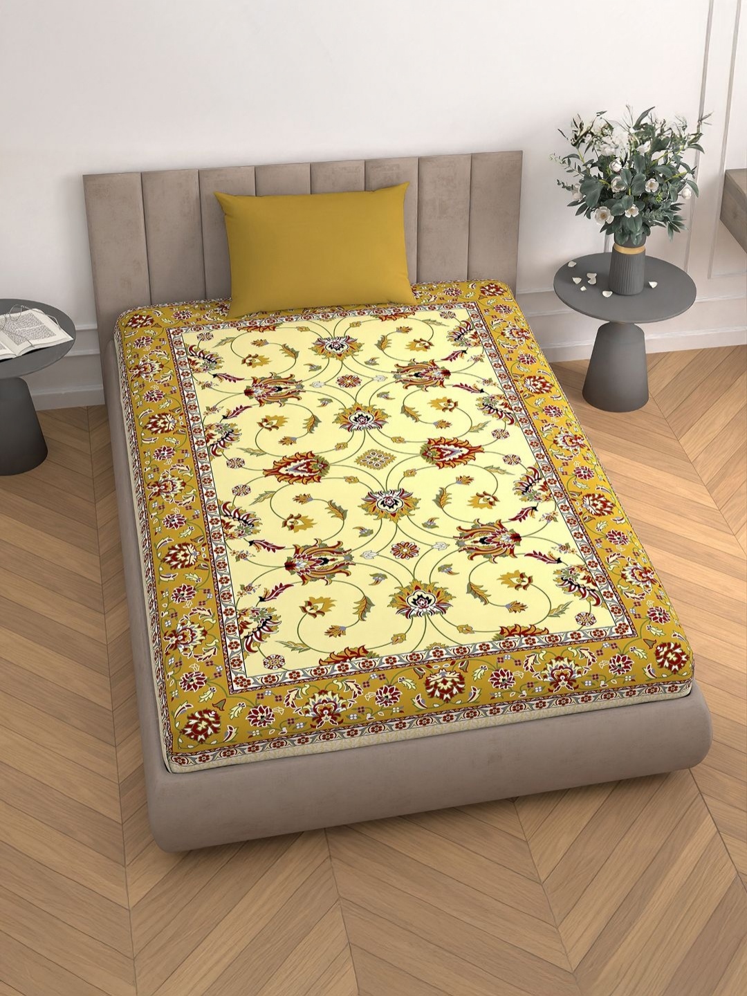 

Aura Mustard & Brown Floral 110 TC Single Bedsheet with 1 Pillow Covers