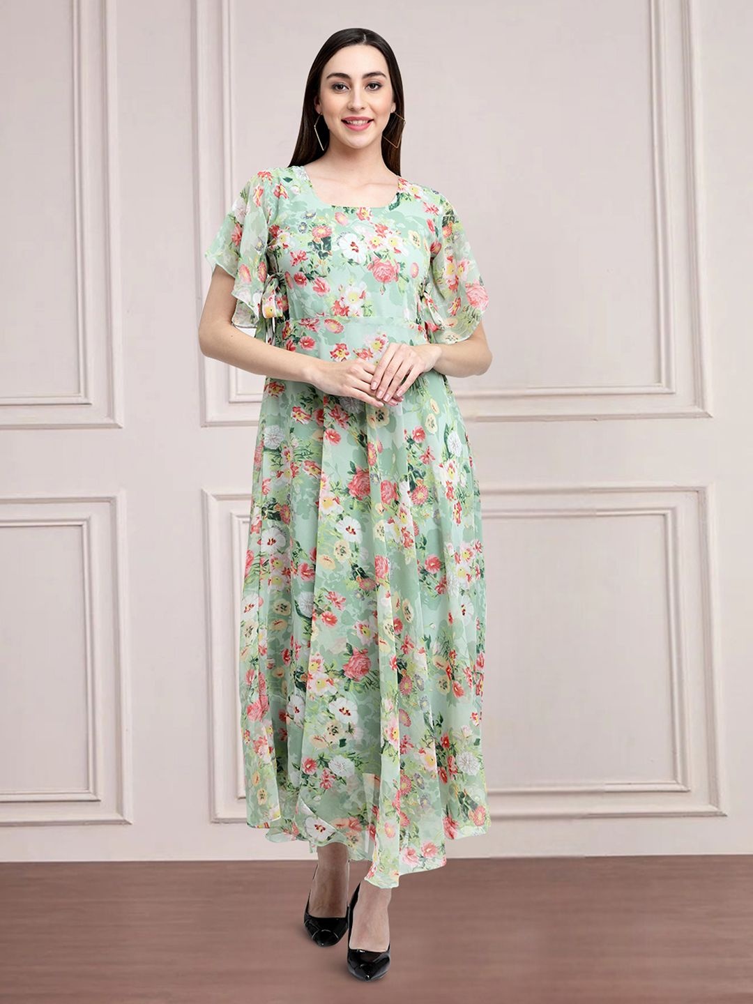 

MISS AYSE Floral Printed Square Neck Flared Sleeves Cotton Fit & Flare Dress, Green