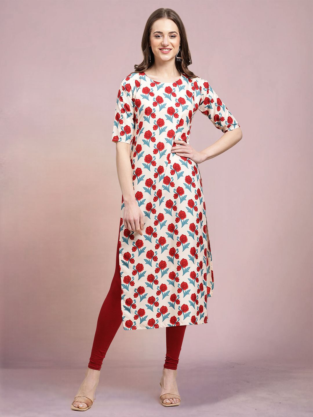 

Moda Rapido Floral Printed Round Neck Straight Kurta, Beige