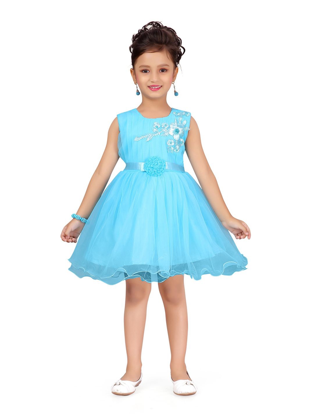 

Sangria Girls Floral Embroidered Fit & Flared Dress, Turquoise blue