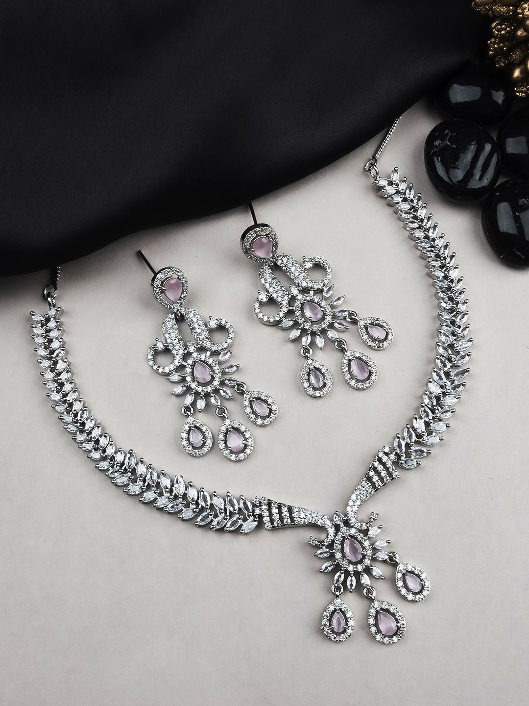 

StileAdda Sliver Plated American Diamond Studded Jewellery Set, Silver