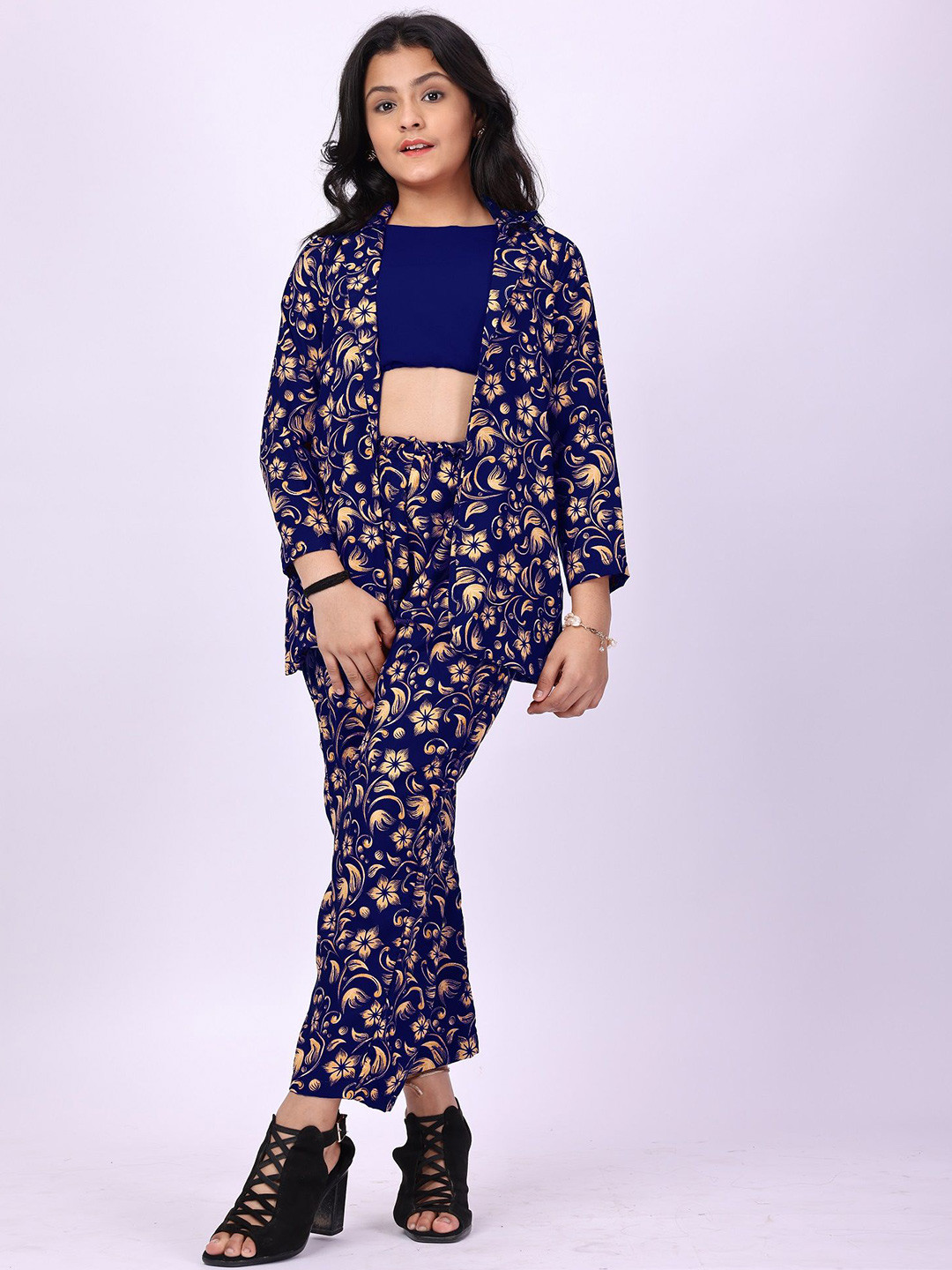 

Aarya Designer Girls Printed Top with Trousers, Navy blue
