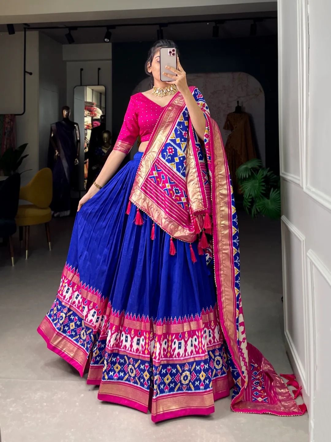 

RADHVI BIZ Woven Design Ready to Wear Lehenga & Semi-Stitched Blouse With Dupatta, Blue