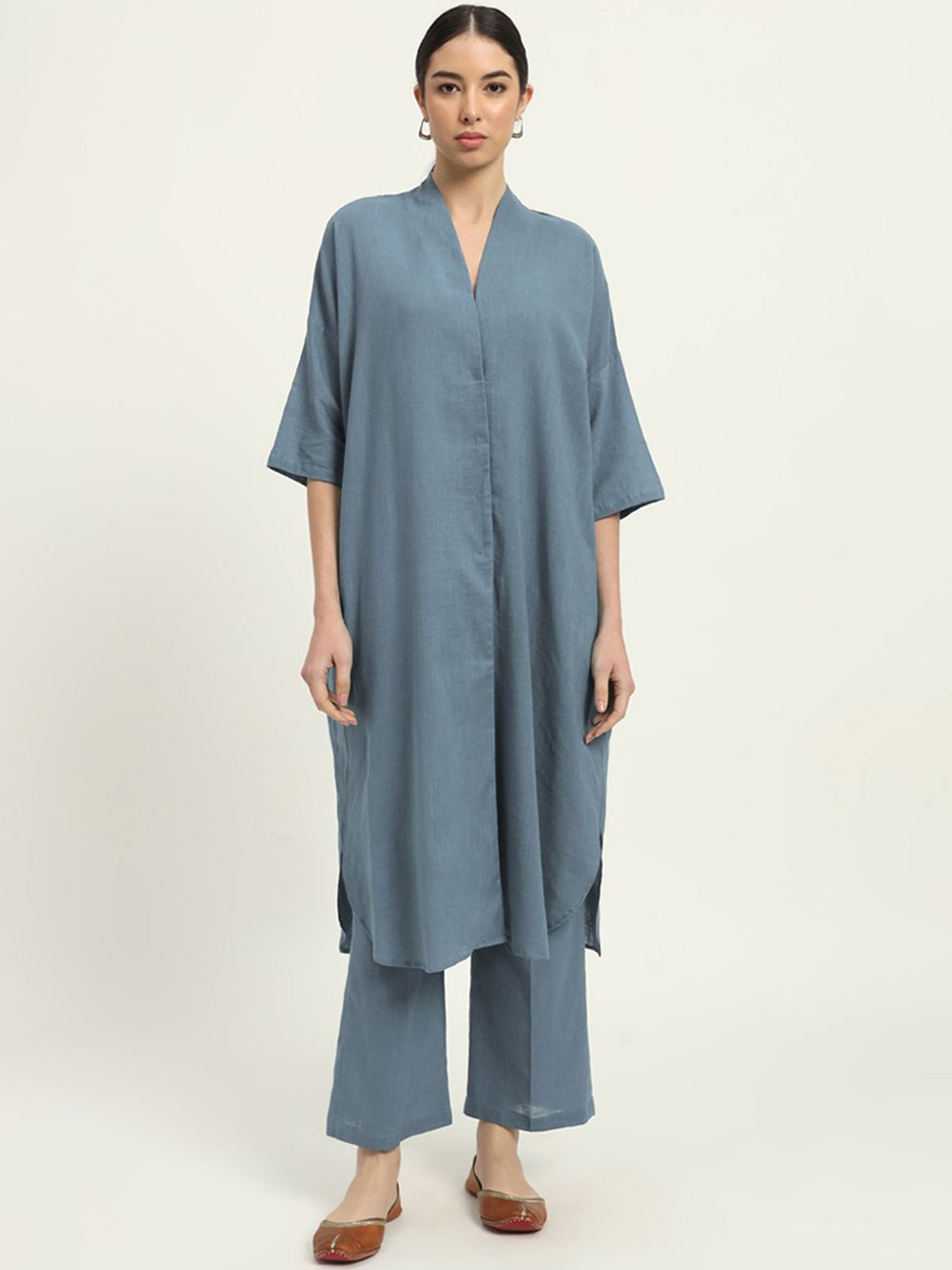 

Thevasa Cotton V-Neck Tunic With Trouser Co-Ords, Blue