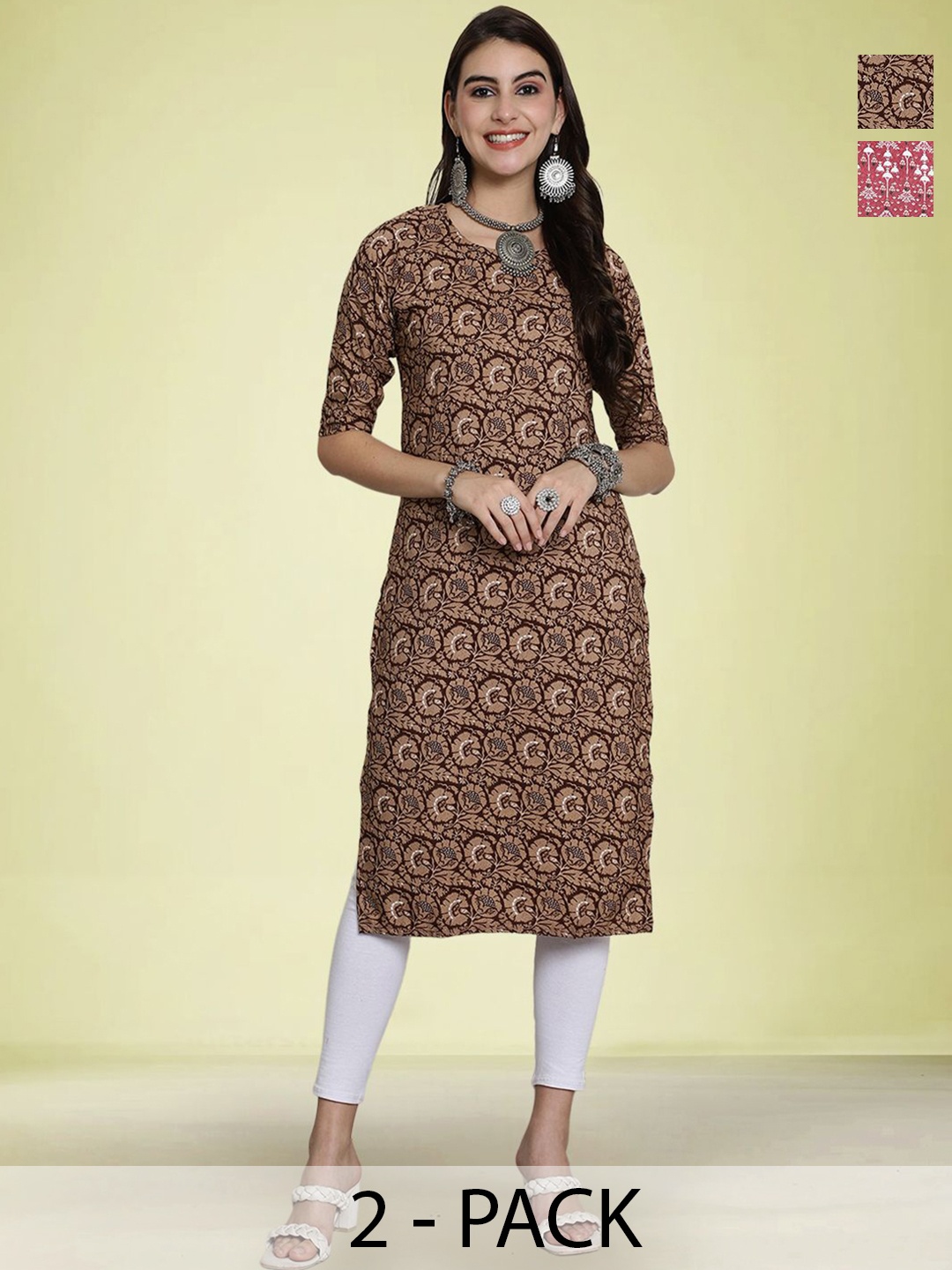 

Moda Rapido Selection Of 2 Floral Printed Round Neck Straight Kurtas, Brown